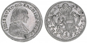 Sigismund III. Graf Schrattenbach 1753-1771
Erzbistum Salzburg. 1 Portraitkreuzer, 1761. Salzburg
0,73g
Zöttl 3096, Probszt 2368
vz+