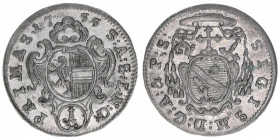 Sigismund III. Graf Schrattenbach 1753-1771
Erzbistum Salzburg. 1 Kreuzer, 1755. Salzburg
0,69g
Zöttl 3089, Probszt 2361
vz+
