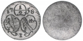 Sigismund III. Graf Schrattenbach 1753-1771
Erzbistum Salzburg. 1/2 Kreuzer, 1758. Salzburg
0,43g
Zöttl 3099, Probszt 2371
vz/stfr