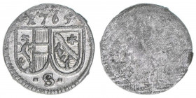 Sigismund III. Graf Schrattenbach 1753-1771
Erzbistum Salzburg. Pfennig, 1765. Salzburg
0,23g
Zöttl 3106, Probszt 2378
vz