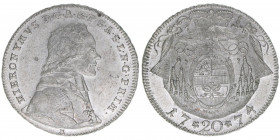 Hieronymus Graf Colloredo 1772-1803
Erzbistum Salzburg. 20 Kreuzer, 1774. Salzburg
6,66g
Zöttl 3264, Probszt 2472
vz/stfr