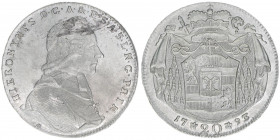 Hieronymus Graf Colloredo 1772-1803
Erzbistum Salzburg. 20 Kreuzer, 1793. Salzburg
6,67g
Zöttl 3286, Probszt 2491
vz