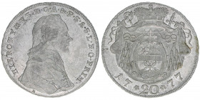 Hieronymus Graf Colloredo 1772-1803
Erzbistum Salzburg. 20 Kreuzer, 1777. Salzburg
6,54g
Zöttl 3267, Probszt 2475
vz