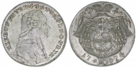 Hieronymus Graf Colloredo 1772-1803
Erzbistum Salzburg. 10 Kreuzer, 1775. selten
Salzburg
3,90g
Zöttl 3304, Probszt 2506
vz+