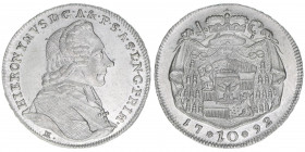 Hieronymus Graf Colloredo 1772-1803
Erzbistum Salzburg. 10 Kreuzer, 1792. Salzburg
3,90g
Zöttl 3312, Probszt 2517
vz/stfr