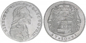 Hieronymus Graf Colloredo 1772-1803
Erzbistum Salzburg. 10 Kreuzer, 1791. ohne Signatur - sehr selten
Salzburg
3,85g
Zöttl 3310a, Probszt 2516
vz+