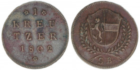 Hieronymus Graf Colloredo 1772-1803
Erzbistum Salzburg. 1 Kreuzer, 1802. Salzburg
5,91g
Zöttl 3357, Probszt 2561a
vz/stfr