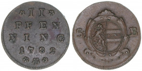 Hieronymus Graf Colloredo 1772-1803
Erzbistum Salzburg. 2 Pfennige, 1782. Salzburg
3,07g
Zöttl 3361, Probszt 2564
vz/stfr