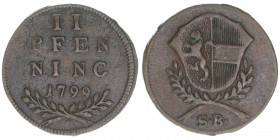 Hieronymus Graf Colloredo 1772-1803
Erzbistum Salzburg. 2 Pfennige, 1799. Salzburg
2,91g
Zöttl 3372, Probszt 2574
ss