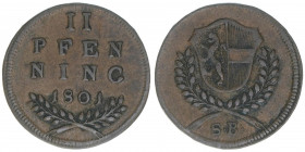 Hieronymus Graf Colloredo 1772-1803
Erzbistum Salzburg. 2 Pfennige, 1801. Salzburg
2,80g
Zöttl 3374, Probszt 2576
ss