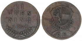 Hieronymus Graf Colloredo 1772-1803
Erzbistum Salzburg. 2 Pfennige, 1797. Salzburg
2,58g
Zöttl 3370, Probszt 2572
ss