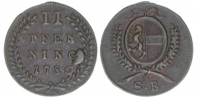 Hieronymus Graf Colloredo 1772-1803
Erzbistum Salzburg. 2 Pfennige, 1786. Salzburg
3,12g
Zöttl 3362, Probszt 2565
ss/vz