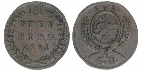 Hieronymus Graf Colloredo 1772-1803
Erzbistum Salzburg. 2 Pfennige, 1791. Salzburg
2,70g
Zöttl 3363, Probszt 2566
vz