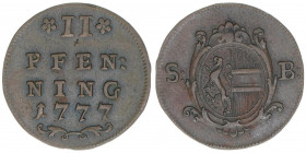 Hieronymus Graf Colloredo 1772-1803
Erzbistum Salzburg. 2 Pfennige, 1777. Salzburg
2,74g
Zöttl 3359, Probszt 2562
vz