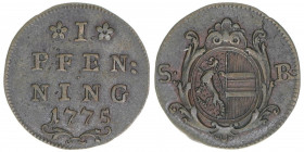Hieronymus Graf Colloredo 1772-1803
Erzbistum Salzburg. Pfennig, 1775. Salzburg
1,26g
Zöttl 3376, Probszt 2578
vz