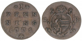 Hieronymus Graf Colloredo 1772-1803
Erzbistum Salzburg. Pfennig, 1778. Salzburg
1,29g
Zöttl 3379, Probszt 2580
vz