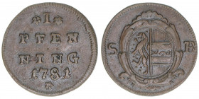 Hieronymus Graf Colloredo 1772-1803
Erzbistum Salzburg. Pfennig, 1781. Salzburg
1,39g
Zöttl 3382, Probszt 2583
vz