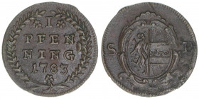 Hieronymus Graf Colloredo 1772-1803
Erzbistum Salzburg. Pfennig, 1783. Salzburg
1,59g
Zöttl 3383, Probszt 2584
vz/stfr