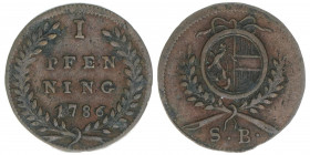 Hieronymus Graf Colloredo 1772-1803
Erzbistum Salzburg. Pfennig, 1786. Salzburg
1,37g
Zöttl 3387, Probszt 2586
vz-