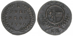 Hieronymus Graf Colloredo 1772-1803
Erzbistum Salzburg. Pfennig, 1790. Salzburg
1,44g
Zöttl 3389, Probszt 2588
vz/stfr