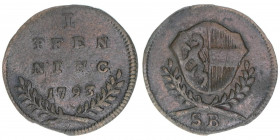 Hieronymus Graf Colloredo 1772-1803
Erzbistum Salzburg. Pfennig, 1793. Salzburg
1,44g
Zöttl 3392, Probszt 2591
vz-