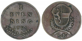 Hieronymus Graf Colloredo 1772-1803
Erzbistum Salzburg. Pfennig, 1794. Salzburg
1,41g
Zöttl 3393, Probszt 2592
ss/vz