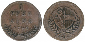 Hieronymus Graf Colloredo 1772-1803
Erzbistum Salzburg. Pfennig, 1796. Salzburg
1,34g
Zöttl 3395, Probszt 2594
ss