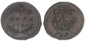 Hieronymus Graf Colloredo 1772-1803
Erzbistum Salzburg. Pfennig, 1799 S P. Salzburg
1,38g
Zöttl 3401c, Probszt 2597
ss/vz