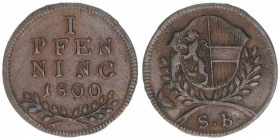 Hieronymus Graf Colloredo 1772-1803
Erzbistum Salzburg. Pfennig, 1800. Lorbeer kurz
Salzburg
1,38g
Zöttl 3399, Probszt 2598
ss/vz