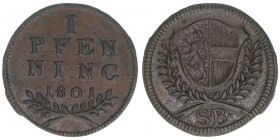 Hieronymus Graf Colloredo 1772-1803
Erzbistum Salzburg. Pfennig, 1801. Salzburg
1,51g
Zöttl 3400, Probszt 2599
vz-