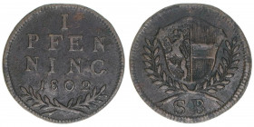 Hieronymus Graf Colloredo 1772-1803
Erzbistum Salzburg. Pfennig, 1802. Salzburg
1,43g
Zöttl 3401, Probszt 2600
ss/vz