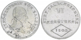 Kurfürst Erzherzog Ferdinand 1803-1806
Salzburg. 6 Kreuzer, 1805. Salzburg
2,81g
Zöttl 3419, Probszt 2614
vz/stfr