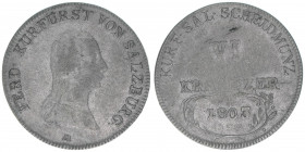 Kurfürst Erzherzog Ferdinand 1803-1806
Salzburg. 6 Kreuzer, 1803. sehr selten
Salzburg
2,73g
Zöttl 3414, Probszt 2612
s/ss
