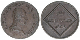 Kurfürst Erzherzog Ferdinand 1803-1806
Salzburg. 1 Kreuzer, 1805. Salzburg
5,97g
Zöttl 3425, Probszt 2620
vz-