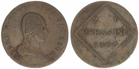 Kurfürst Erzherzog Ferdinand 1803-1806
Salzburg. 2 Pfennige, 1806. Salzburg
2,68g
Zöttl 3433, Probszt 2624
ss