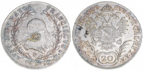 Kaiser Franz I.
Salzburg. 20 Kreuzer, 1807 D. Österreichische Hauskrone
Salzburg
6,56g
Zöttl 3441, Probszt 2632
entfernte Knopföse
ss