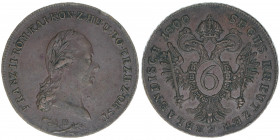 Kaiser Franz I.
Salzburg. 6 Kreuzer, 1800 D. sehr selten
Salzburg
14,44g
Zöttl 3444, Probszt 2635
ss/vz