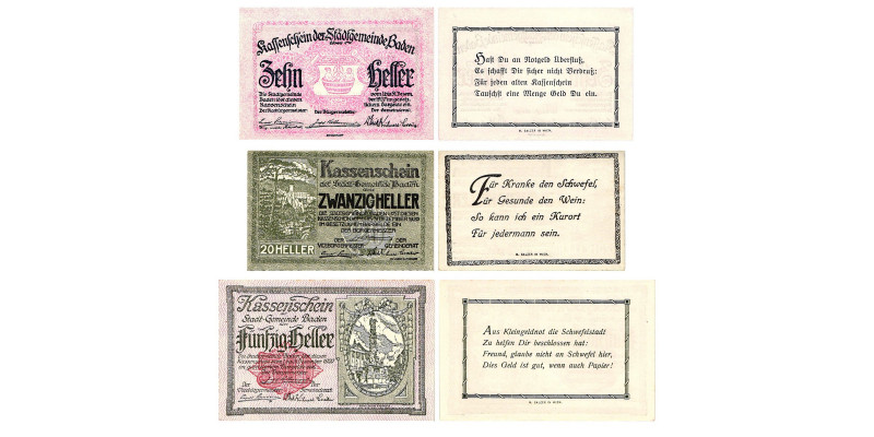 Baden
Baden. 10 Heller, 20 Heller, 50 Heller. Kodnar, Künstner 74