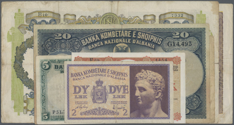 Albania: Banca Nazionale d'Albania, lot with 7 banknotes 1925-1940 including 5 F...