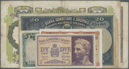 Albania: Banca Nazionale d'Albania, lot with 7 banknotes 1925-1940 including 5 Franka Ari ND(1926) (P.2b, F), 20 Franka Ari ND(1926) (P.3a, F-), 5 Fra...