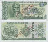 Albania: Banka e Shqiperise 1000 Leke 1995 SPECIMEN, P.61s with red overprint ”Specimen” and all zero serial numbers in aUNC/UNC condition.
 [differe...