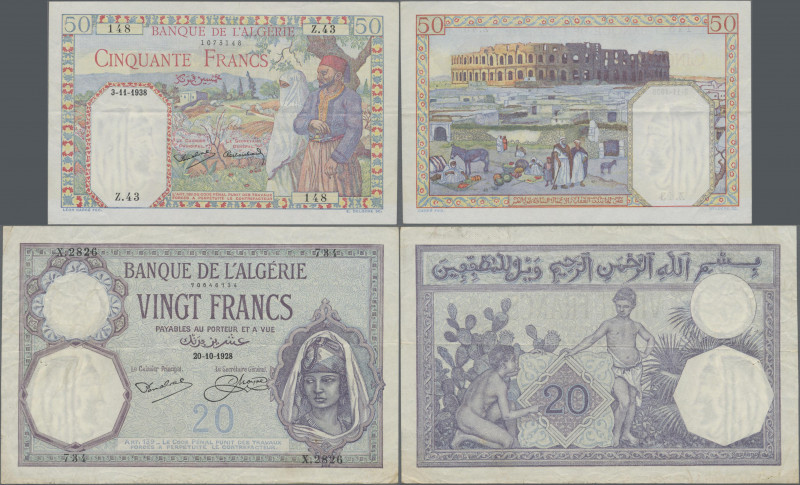 Algeria: Banque de l'Algérie, pair with 20 Francs 20.10.1928 P.78b (VF) and 50 F...