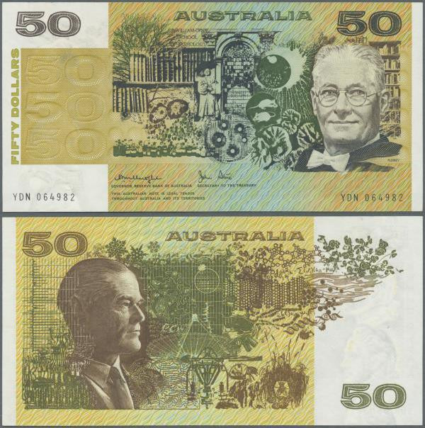 Australia: 50 Dollars ND(1973-94) P 47c, crisp original paper with bright origin...