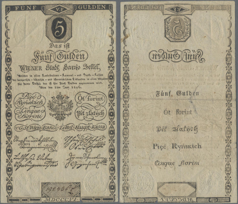 Austria: Wiener Stadt-Banco Zettel 5 Gulden 1806, P.A38, very nice original shap...