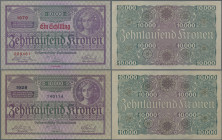 Austria: Oesterreichische Nationalbank, pair with 10.000 Kronen 1924 (P.85, aUNC/UNC) and 1 Schilling on 10.000 Kronen 1925 (P.87, XF). (2 pcs.)
 [di...