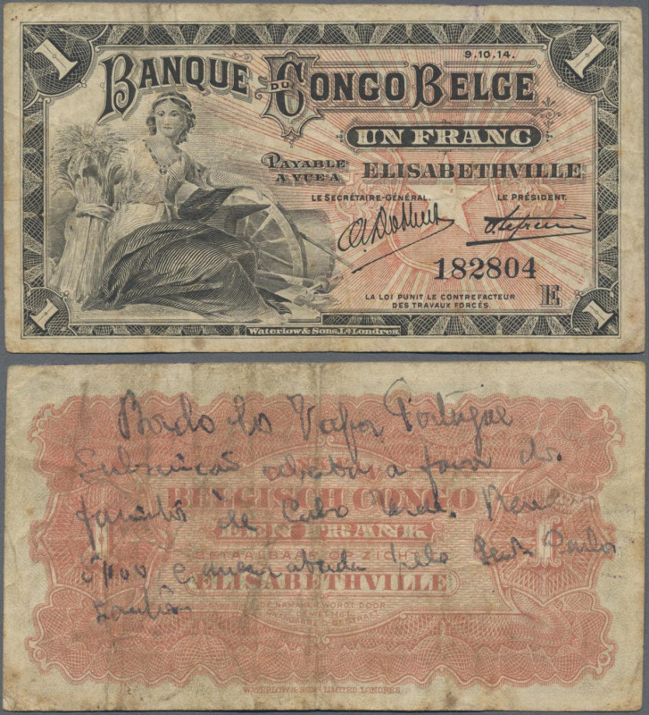 Belgian Congo: Banque du Congo Belge 1 Franc 9.10.1914, P.3, still nice conditio...