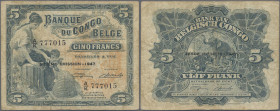 Belgian Congo: Banque du Congo Belge 5 Francs with overprint ”Sixième Émission - 10.04.1947”, P.13Ad, optically appears nice with strong but lightly t...