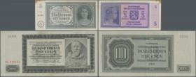 Bohemia & Moravia: Pair with 5 Kronen ND(1940) (P.4a with series B 045, F with larger brownish stain) and 1000 Kronen 1942 (P.14a, II. Auflage, series...