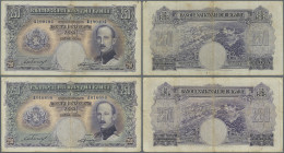 Bulgaria: pair of the 250 Leva 1929, P.51, both notes in Fine condition with stained paper, several folds and tiny tears: F (2 Banknotes)
 [differenz...