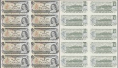 Canada: Bank of Canada, uncut sheet with 10 banknotes 1 Dollar 1973, with 3 letters serial prefix ECR and signatures Crow & Bouey, P.85c in UNC condit...